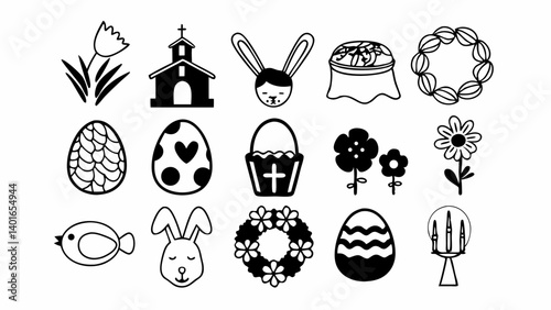 Vector collection of 45 thin line Easter icons with editable strokes. Features holiday elements such as egg painting, Easter bunny, spring flowers, church, lamb, chocolate, and festive wreaths. Consis