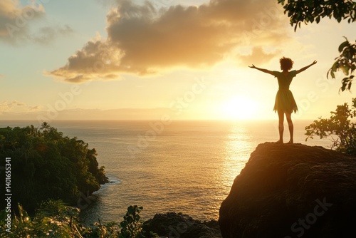 Peter Pan standing triumphantly on a cliff in Neverland, overlooking the ocean with the sun setting behind him 