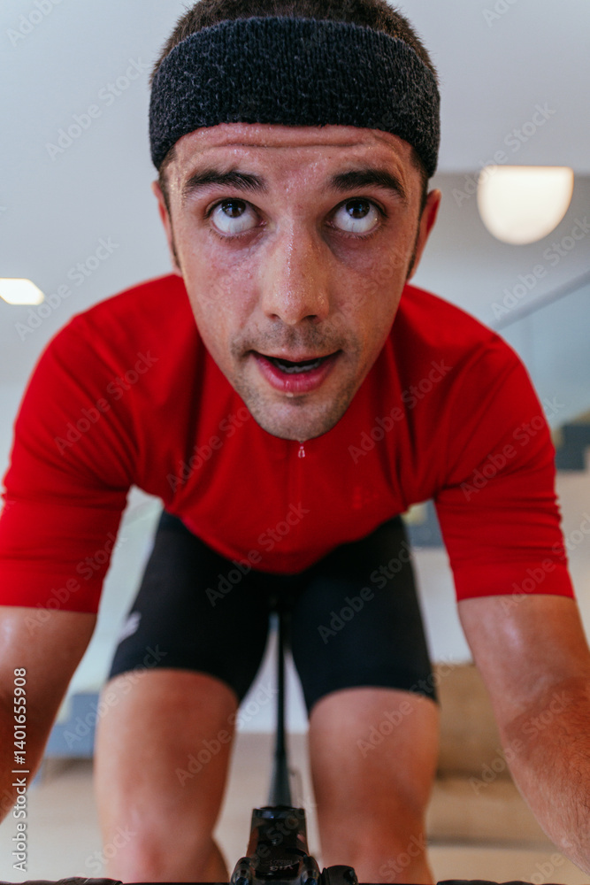A triathlete riding a triathlon bike on a machine simulation in a modern living room. Training during pandemic conditions.