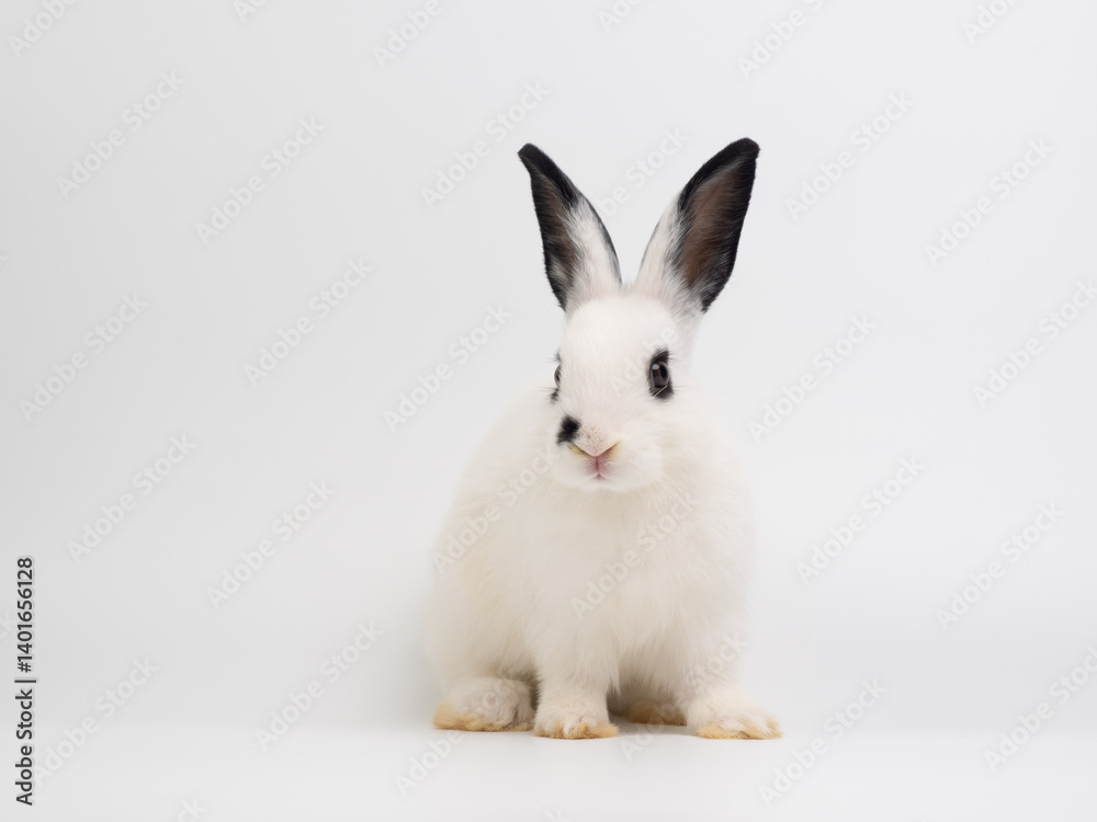 Obraz premium Adorable baby white rabbit sitting on white background.