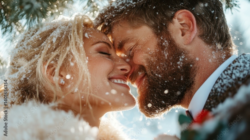 A joyful couple embraces amidst a breathtaking snow-covered landscape, radiating love and happiness, while the wintry scene adds a magical touch to their beautiful moment.