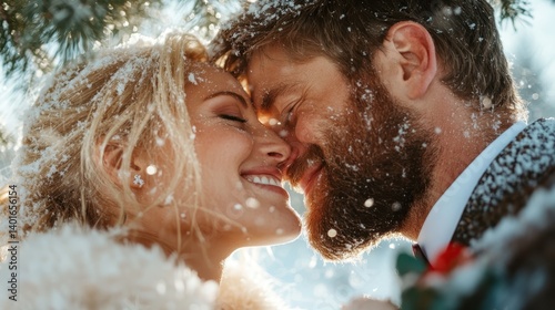 Obraz na płótnie A joyful couple embraces amidst a breathtaking snow-covered landscape, radiating love and happiness, while the wintry scene adds a magical touch to their beautiful moment. w salonie