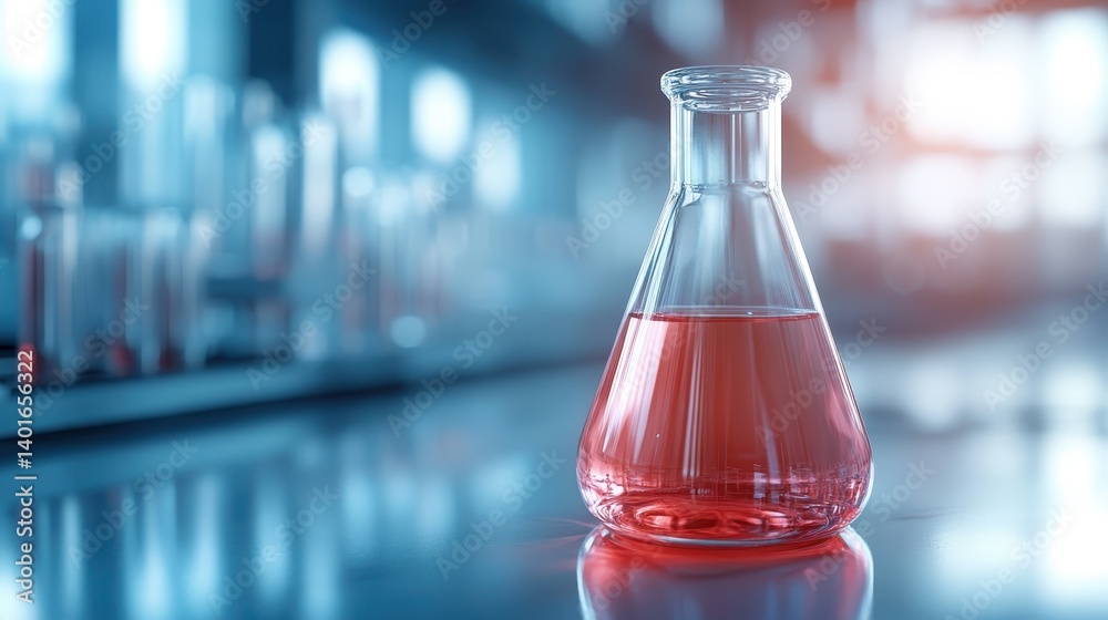 A striking red liquid fills a glass flask in a well-equipped laboratory setting, representing the essence of scientific exploration, discovery, and experimentation.