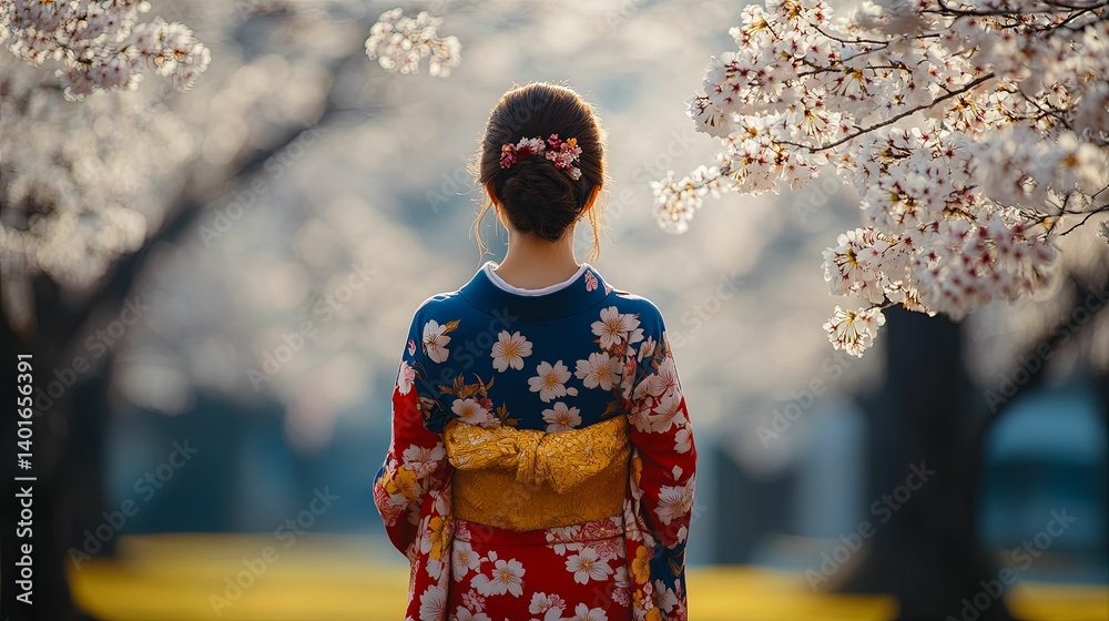 A woman in a vibrant kimono gazes at cherry blossoms.