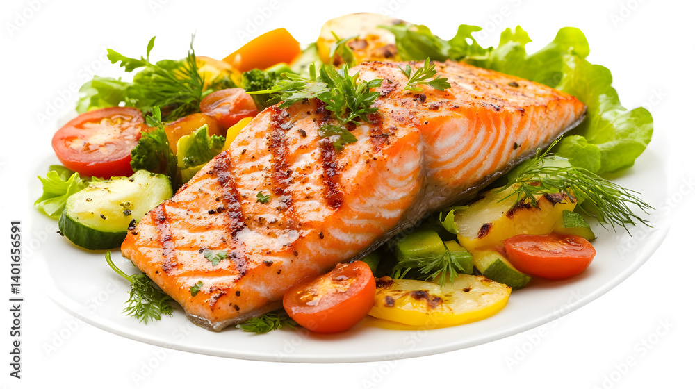 High-Quality Image of Grilled Salmon Fish and Vegetable Salad on White Background High-Quality Image of Grilled Salmon Fish and Vegetable Salad on White Background