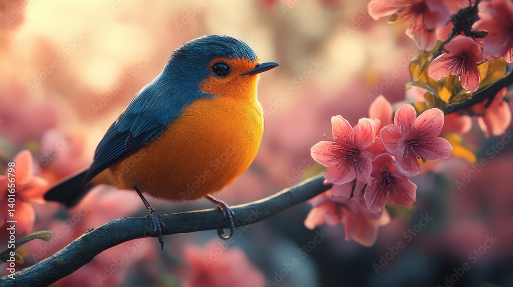 Fototapeta premium A vibrant bird perched on a branch of blooming pink flowers, creating a picturesque scene of nature's beauty