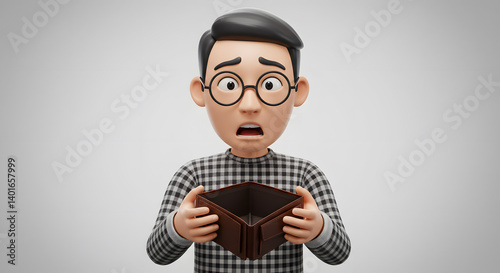 Cartoon character expressing financial stress while holding an empty wallet in a 3D rendering on a neutral backdrop