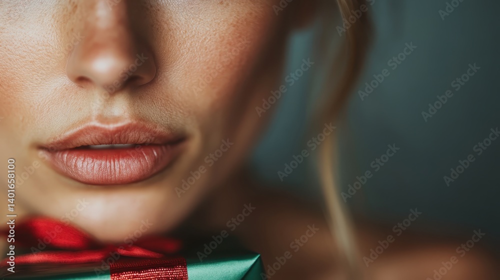 A captivating close-up shot presenting beautiful lips tenderly holding a green gift ribboned beautifully, evoking anticipation and the joy of giving during special occasions.