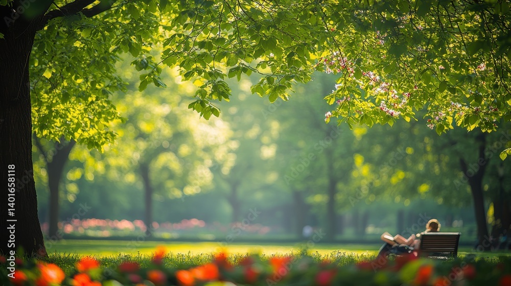 Park scene with a person relaxing under lush trees in spring Park scene with a person relaxing under lush trees in spring