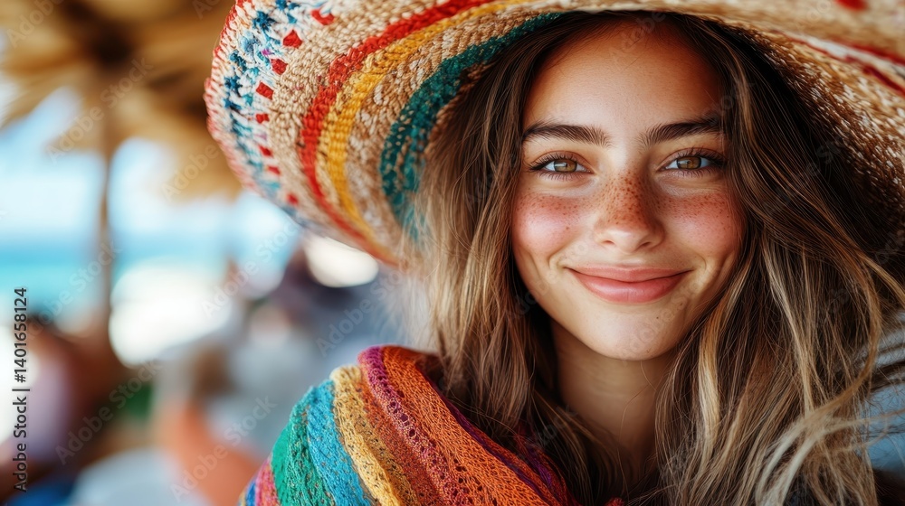 A radiant woman with freckles wearing a colorful hat smiles naturally, illustrating the beauty of summer vibes and the positive energy of warm, sunlit days by the sea.
