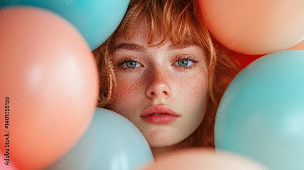 This close-up image showcases a freckled woman surrounded by an array of colorful balloons, emphasizing a charming personality and evoking feelings of joy and childhood nostalgia.
