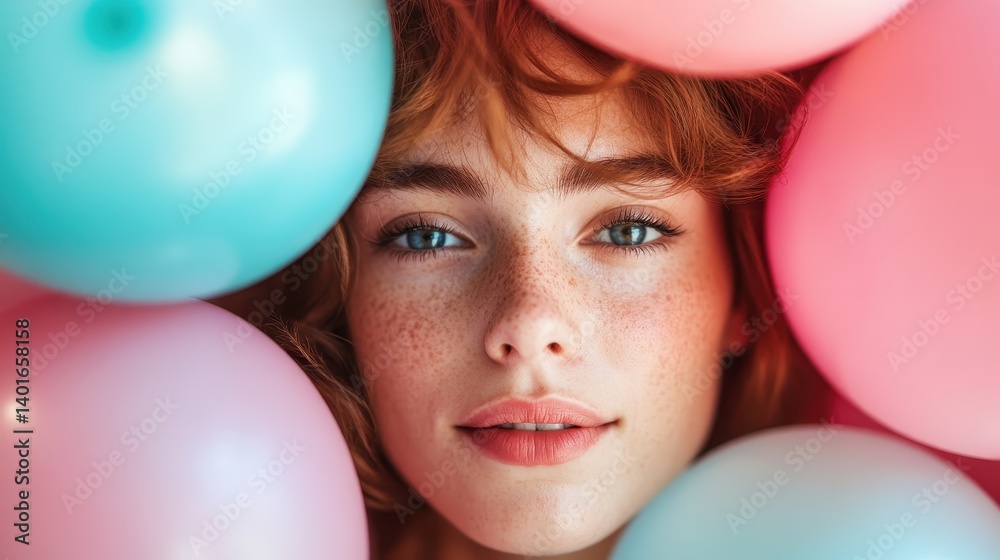 This vibrant close-up of a youthful woman framed by colorful balloons captures the essence of celebration, youthfulness, and joyful spontaneity, inspiring happiness and fun. This vibrant close-up of a youthful woman framed by colorful balloons captures the essence of celebration, youthfulness, and joyful spontaneity, inspiring happiness and fun.