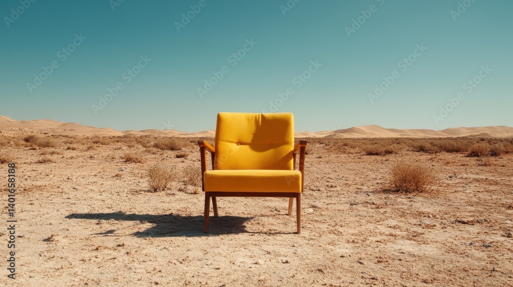 The striking yellow chair contrasts sharply against the dry terrain, creating a compelling visual that evokes feelings of isolation and artistic expression.