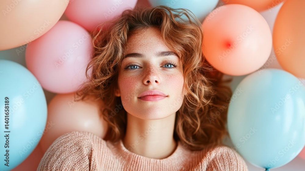 A girl with beautiful features and flowing hair poses gracefully surrounded by pastel balloons, radiating confidence and warmth in a soft and inviting atmosphere.