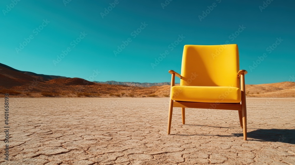 A sunlit yellow chair positioned on parched ground draws viewers in, inviting reflection on themes of warmth, contrast, and desolation in a minimalist setting.