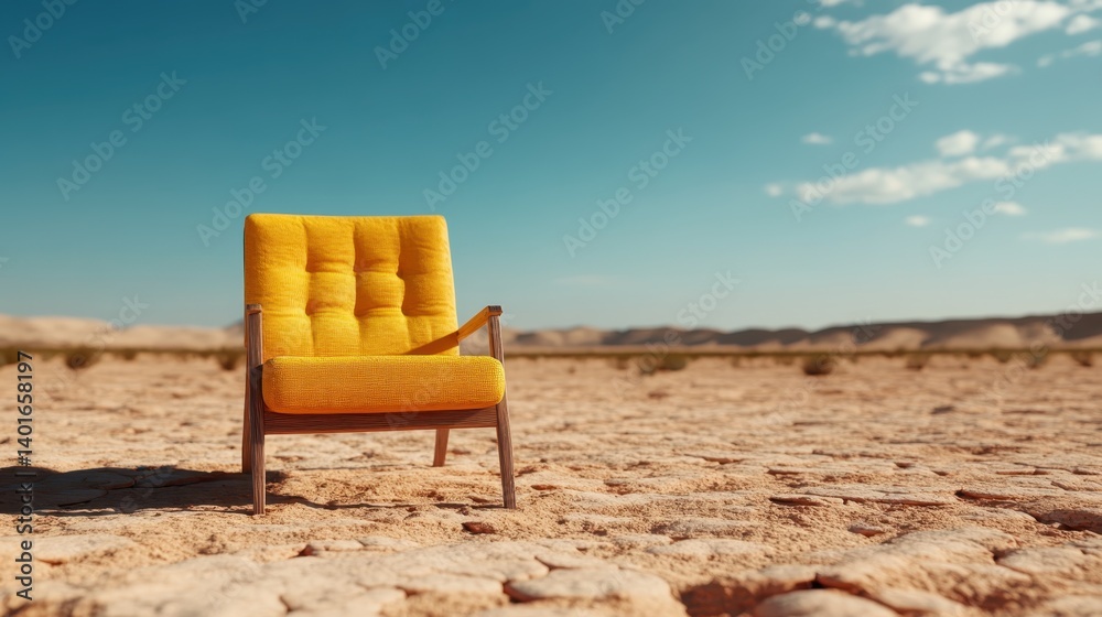 A stylish yellow chair sits atop cracked earth, inviting contemplation on themes of style and survival even in harsh and challenging environments.