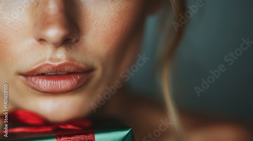 Obraz na płótnie A captivating close-up shot presenting beautiful lips tenderly holding a green gift ribboned beautifully, evoking anticipation and the joy of giving during special occasions. w salonie
