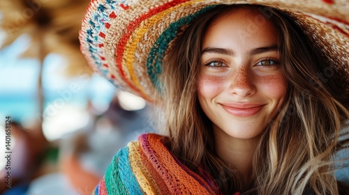 Obraz na płótnie A radiant woman with freckles wearing a colorful hat smiles naturally, illustrating the beauty of summer vibes and the positive energy of warm, sunlit days by the sea. w salonie