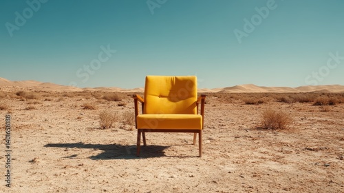 Obraz na płótnie The striking yellow chair contrasts sharply against the dry terrain, creating a compelling visual that evokes feelings of isolation and artistic expression. w salonie