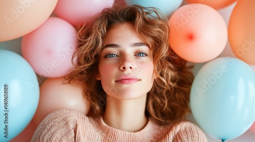 A girl with beautiful features and flowing hair poses gracefully surrounded by pastel balloons, radiating confidence and warmth in a soft and inviting atmosphere.