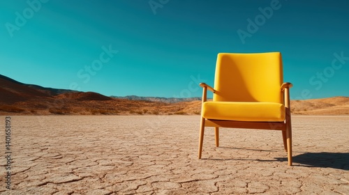 Obraz na płótnie A sunlit yellow chair positioned on parched ground draws viewers in, inviting reflection on themes of warmth, contrast, and desolation in a minimalist setting. w salonie