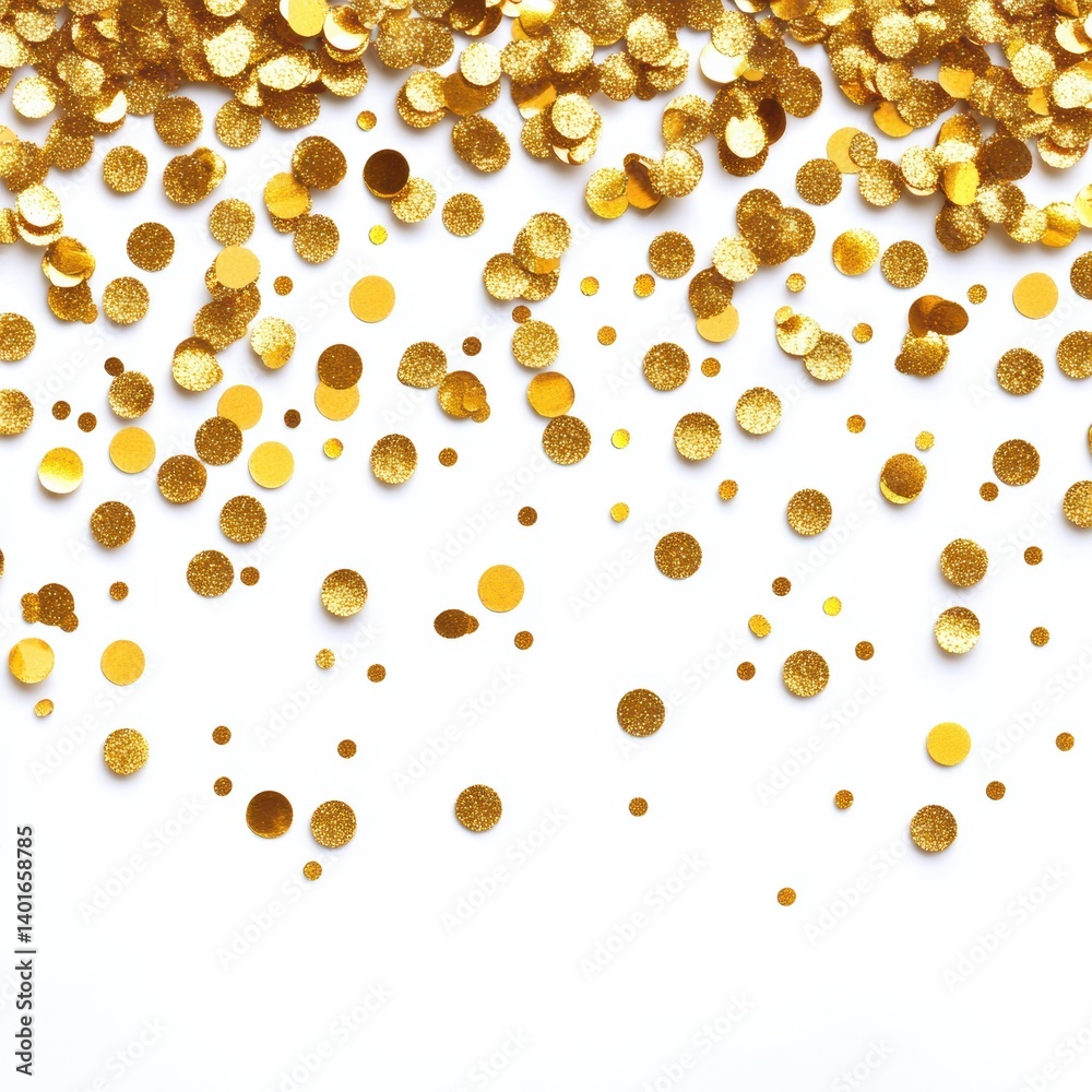 Gold confetti dots scattered on a clean white background create a festive look.