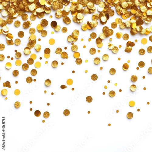 Obraz na płótnie Gold confetti dots scattered on a clean white background create a festive look. w salonie