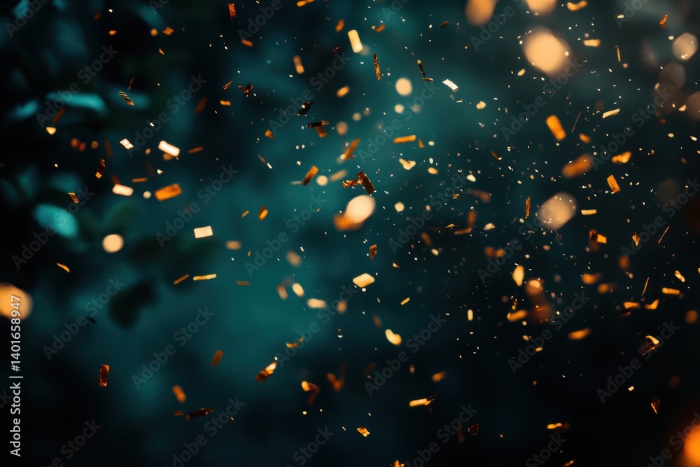 Gold and blue confetti cascades from above, creating a vibrant and festive atmosphere.