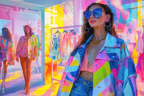 A vibrant, colorful illustration of a stylish woman in a trendy, multicolored jacket, posing in a fashion boutique.