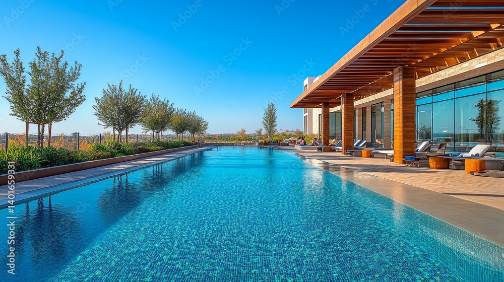 A luxurious rooftop pool area with modern architecture. A luxurious rooftop pool area with modern architecture.