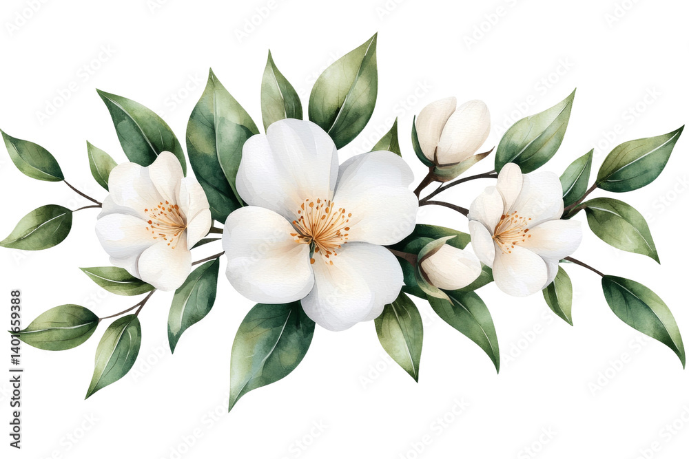 White flower with green leaves is in the center of a bouquet, isolated White flower with green leaves is in the center of a bouquet, isolated