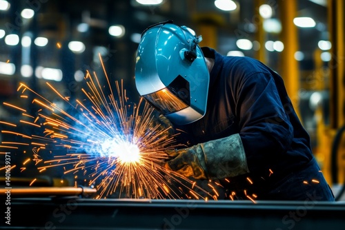 Asian male welding workshop with sparks and protective gear in industrial setting