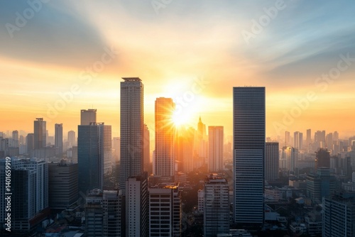 The sun is shining brightly over a city with tall buildings