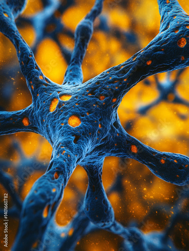 neurons featuring blue dendrites over a golden yellow background