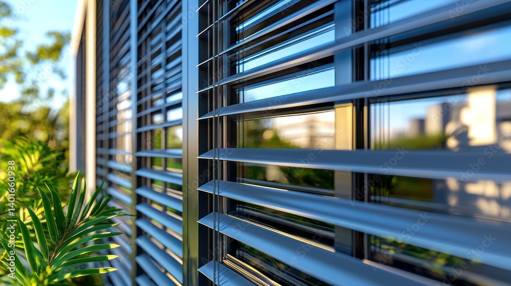 Obraz premium Window with modern blinds; bright outside reflected in glass panes