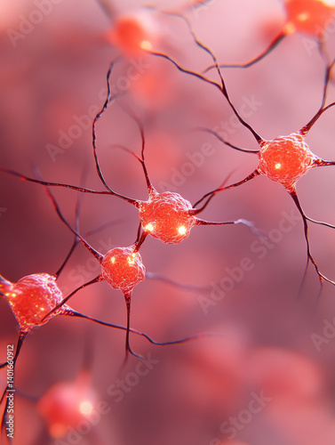 Neurons with red neural networks on a soft pink background.