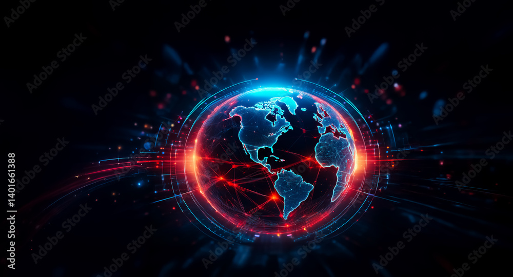 Fototapeta premium Stylized globe with glowing blue continents and red network lines on a dark backdrop. Digital connections and energy radiate from the earth.