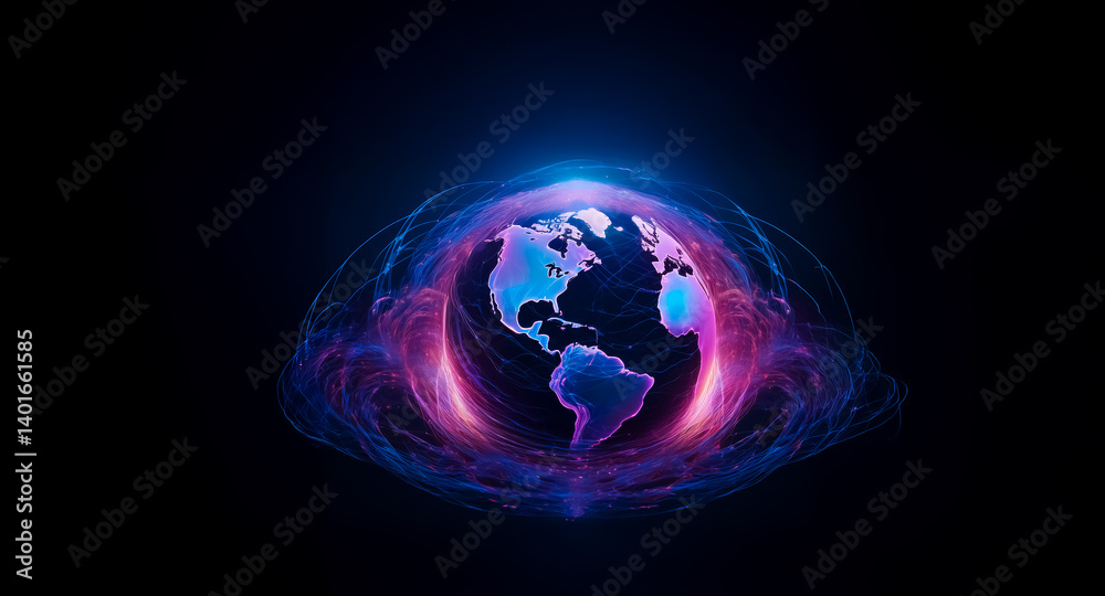 Obraz premium Globe encircled by vibrant, swirling energy on a dark backdrop. The Earth is illuminated with blue continents, encased in a pink and blue aura. Cosmic and ethereal atmosphere.
