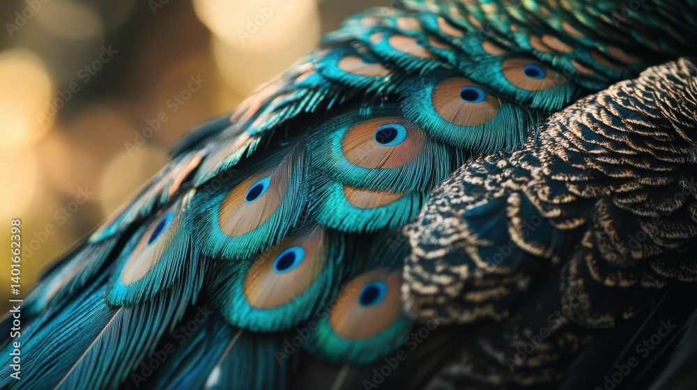 Fototapeta premium Iridescent peacock feathers display vibrant blues, greens, and golden eyes in a detailed close-up. A stunning display of natural beauty