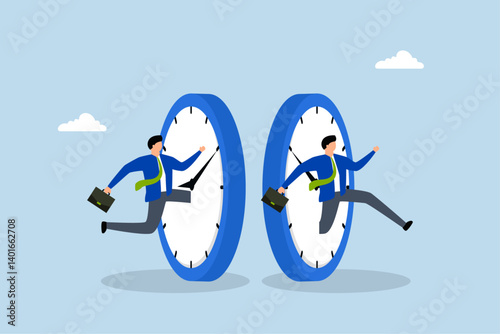 Time management, businessman jump into clock to the future.