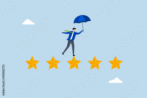 Performance review, businessman balance himself on stars rating evaluation.