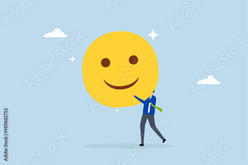 Job satisfaction, businessman carry big happy smile face.