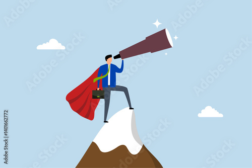 Business vision to see journey to success, businessman lookout telescope on top mountain peak.