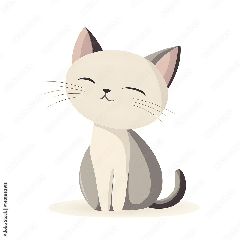 Naklejka premium Cute smiling cartoon cat with gray and white fur sitting happily on a light background, showcasing its playful and friendly personality