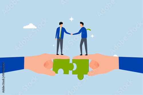 Partnership, businessman handshake connect jigsaw together.