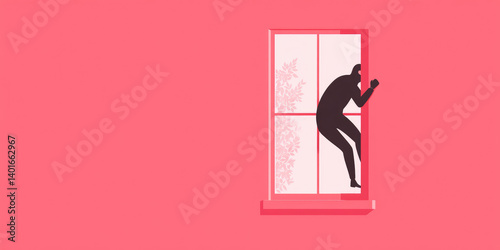 A masked burglar climbs through the window of a private house. Home invader, crime, robbery.