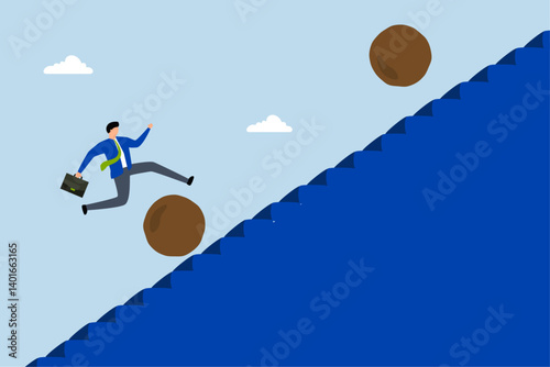 bi1062Overcome obstacle, entrepreneur leaps over tumbling rock to ascend staircase of achievement.