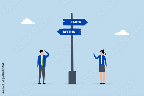 Fact vs Myth, business people at Facts vs Myths directional sign.