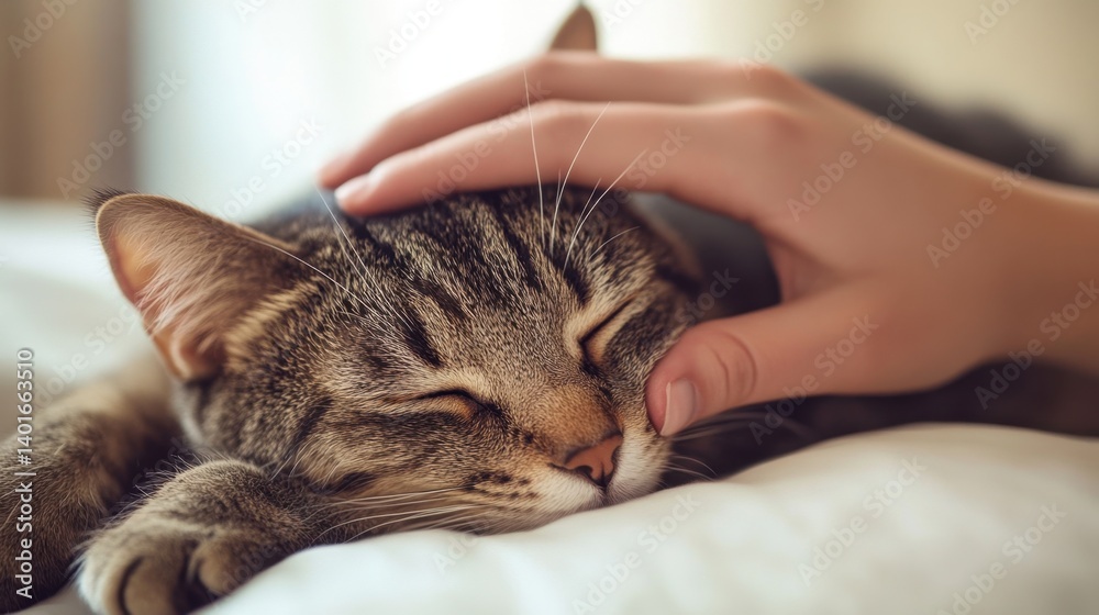 A contented tabby cat peacefully rests with a gentle hand stroking its head, radiating warmth and tranquility A contented tabby cat peacefully rests with a gentle hand stroking its head, radiating warmth and tranquility