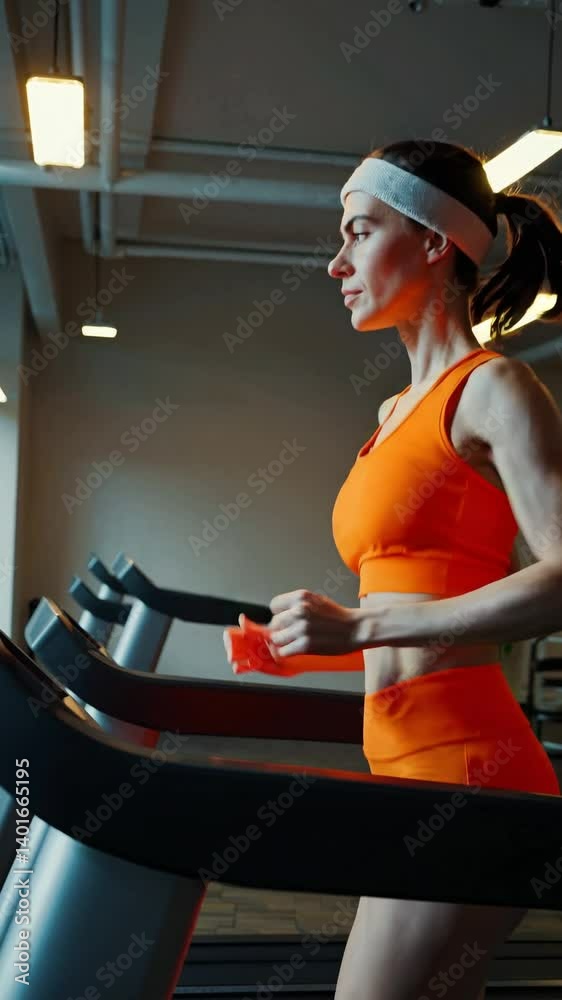 custom made wallpaper toronto digitalSporty woman workout on treadmill in modern fitness gym. Adult lady in orange running in interior sports center, exercises treadmill. Cardio working out and sport training concept.